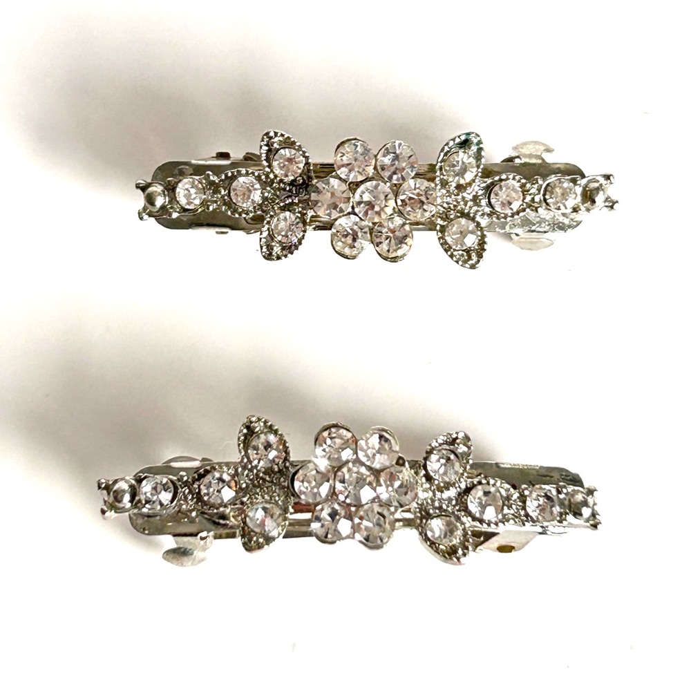 Rhinestone Hair Clip Barrettes Hair Metal Accessory Silver-tone Pair